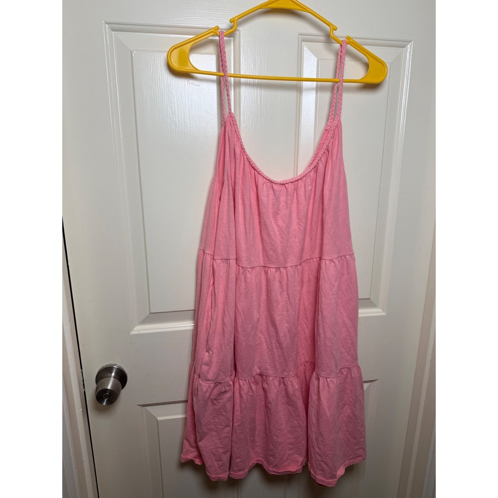 Old Navy Pink Tiered Mini Babydoll Dress Braided Straps Pockets XL